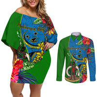 personalised-vanuatu-malampa-day-couples-matching-off-shoulder-short-dress-and-long-sleeve-button-shirts-coat-of-arms-mix-tropical-flowers