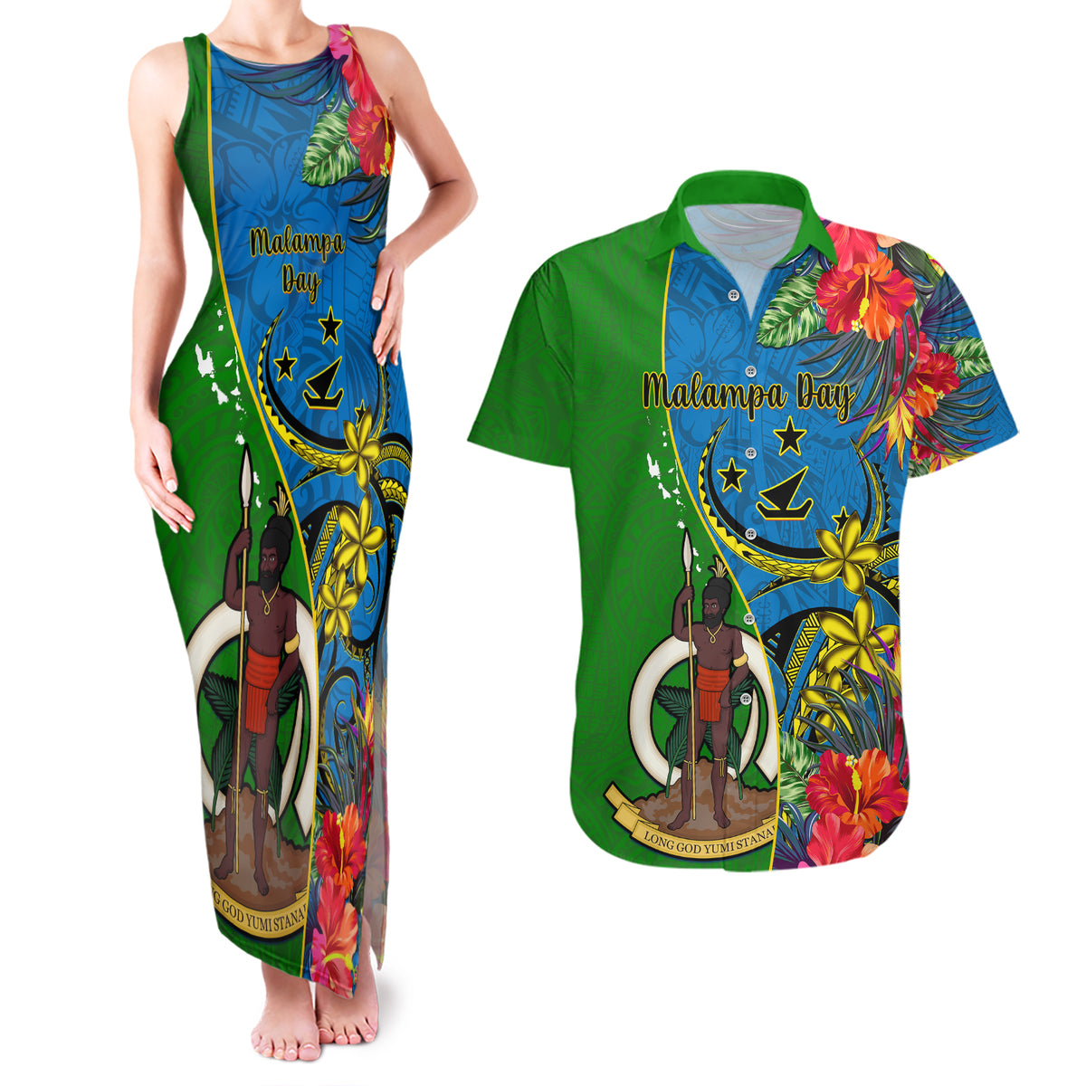 personalised-vanuatu-malampa-day-couples-matching-tank-maxi-dress-and-hawaiian-shirt-coat-of-arms-mix-tropical-flowers