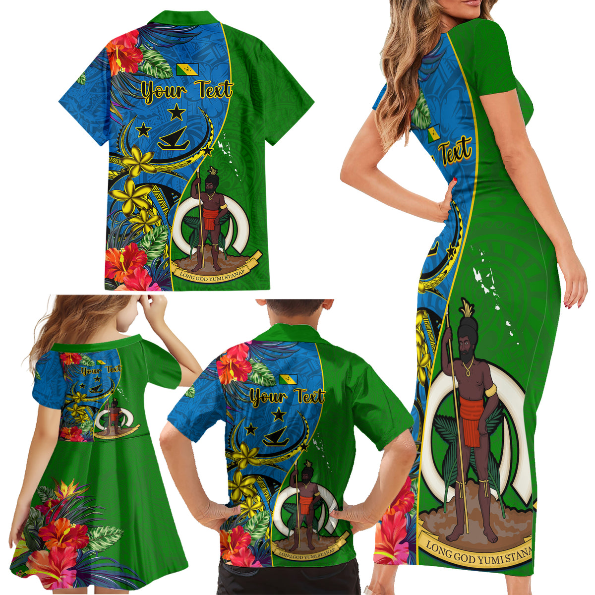 personalised-vanuatu-malampa-day-family-matching-short-sleeve-bodycon-dress-and-hawaiian-shirt-coat-of-arms-mix-tropical-flowers