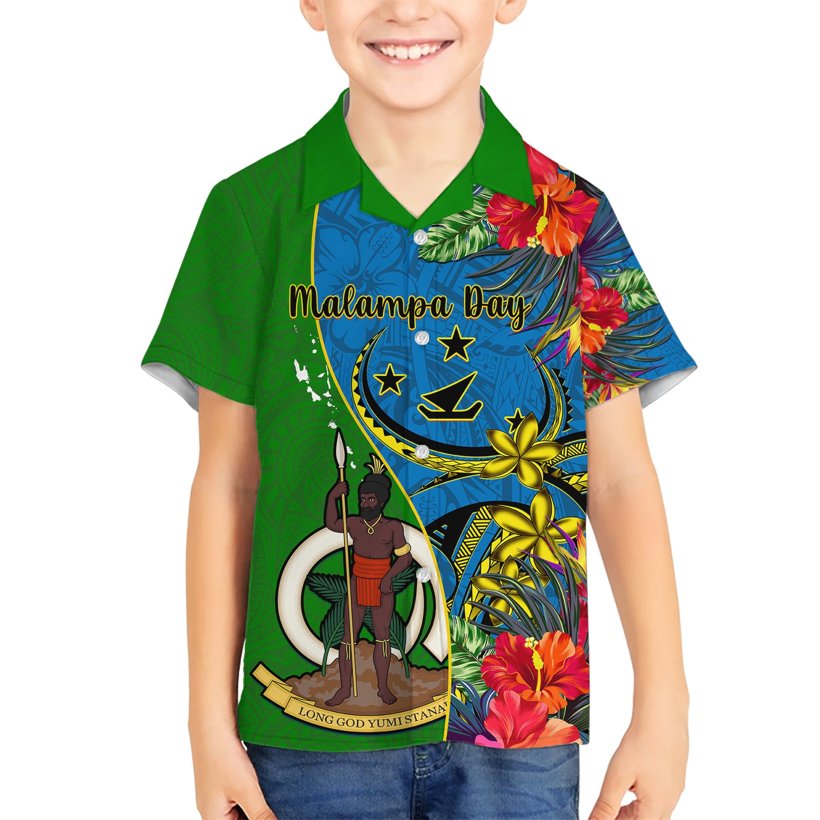 personalised-vanuatu-malampa-day-kid-hawaiian-shirt-coat-of-arms-mix-tropical-flowers