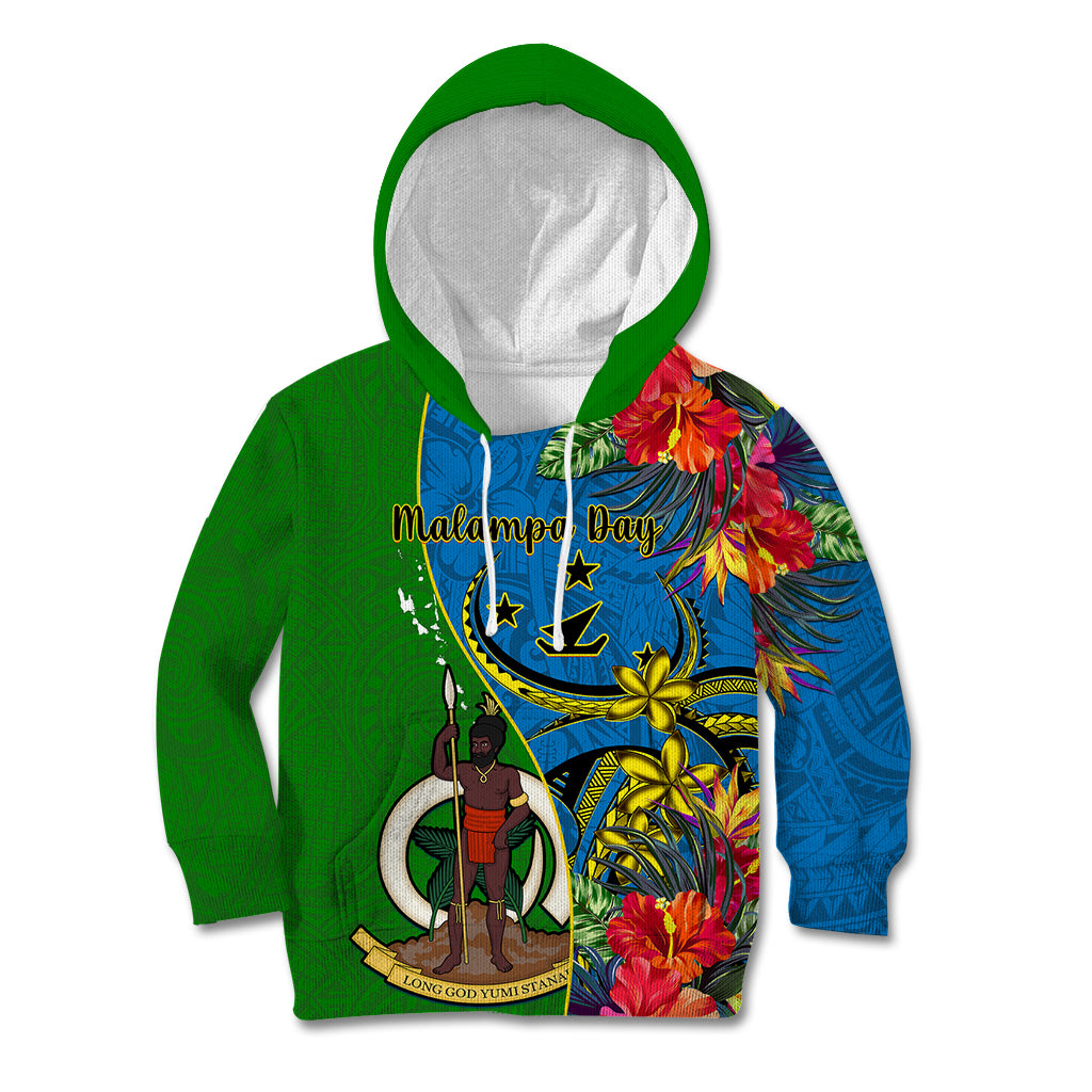 Personalised Vanuatu Malampa Day Kid Hoodie Coat Of Arms Mix Tropical Flowers LT14 Hoodie Green - Polynesian Pride