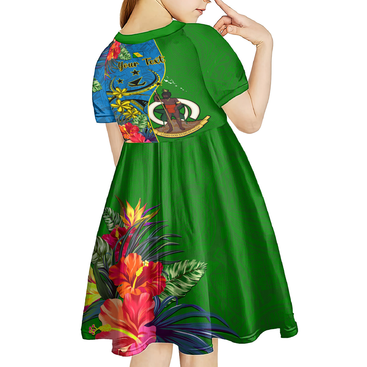 personalised-vanuatu-malampa-day-kid-short-sleeve-dress-coat-of-arms-mix-tropical-flowers
