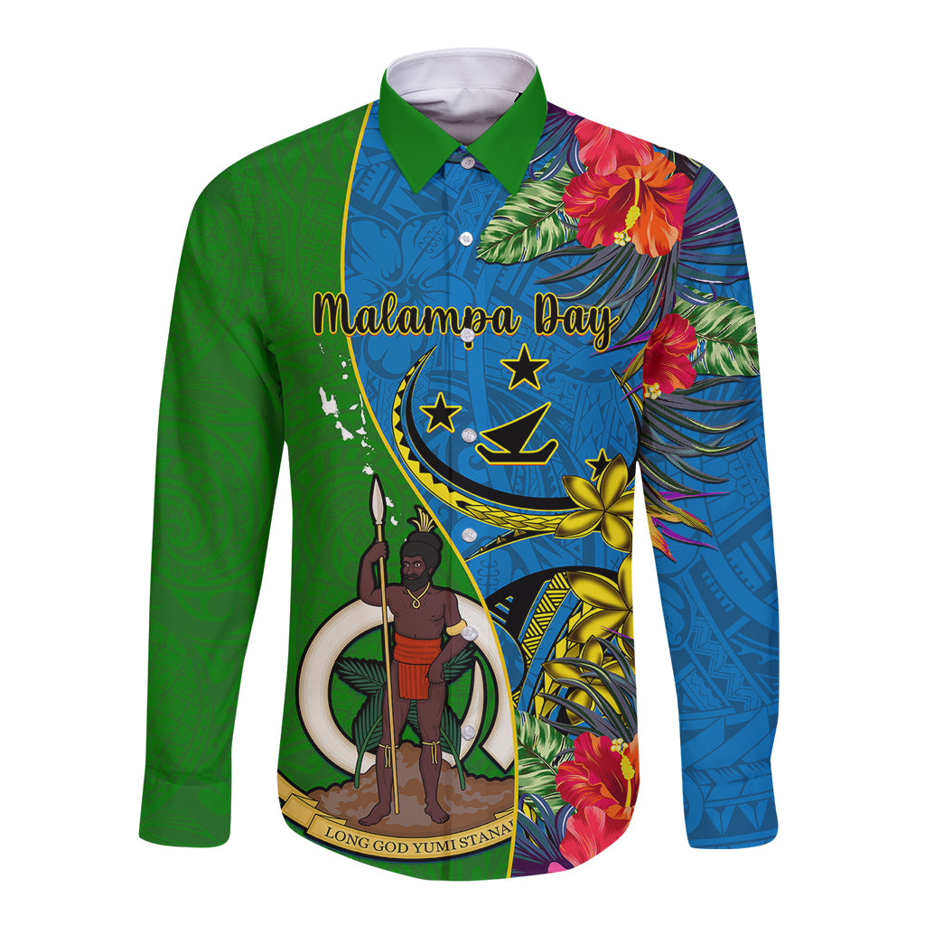 Personalised Vanuatu Malampa Day Long Sleeve Button Shirt Coat Of Arms Mix Tropical Flowers LT14 Unisex Green - Polynesian Pride