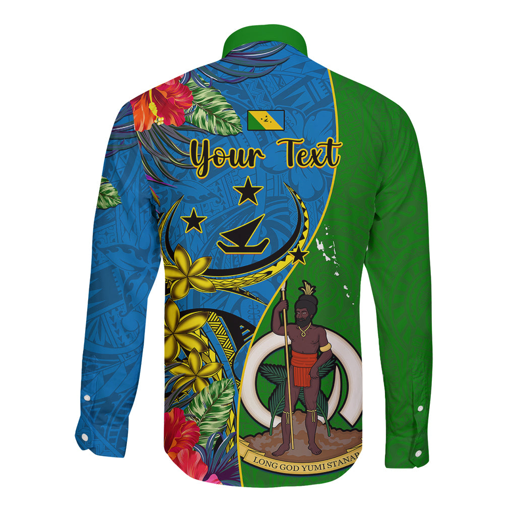 Personalised Vanuatu Malampa Day Long Sleeve Button Shirt Coat Of Arms Mix Tropical Flowers LT14 - Polynesian Pride