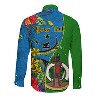 Personalised Vanuatu Malampa Day Long Sleeve Button Shirt Coat Of Arms Mix Tropical Flowers LT14 - Polynesian Pride