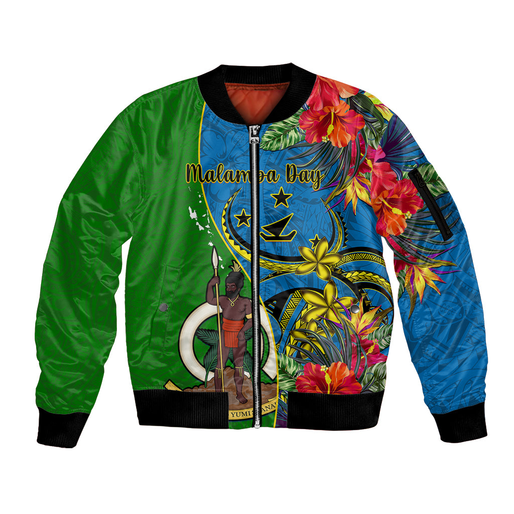 personalised-vanuatu-malampa-day-sleeve-zip-bomber-jacket-coat-of-arms-mix-tropical-flowers