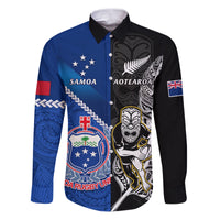 Custom New Zealand And Samoa Rugby Family Matching Puletasi Dress and Hawaiian Shirt All Black Tiki Fern Mix Manu Samoa 2023 World Cup LT14 Dad's Shirt - Long Sleeve Black - Polynesian Pride