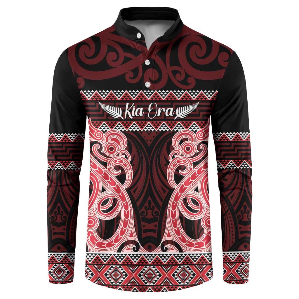 Kia Ora New Zealand Button Sweatshirt Maori Language Week Whero Taniko Motif - Polynesian Pride