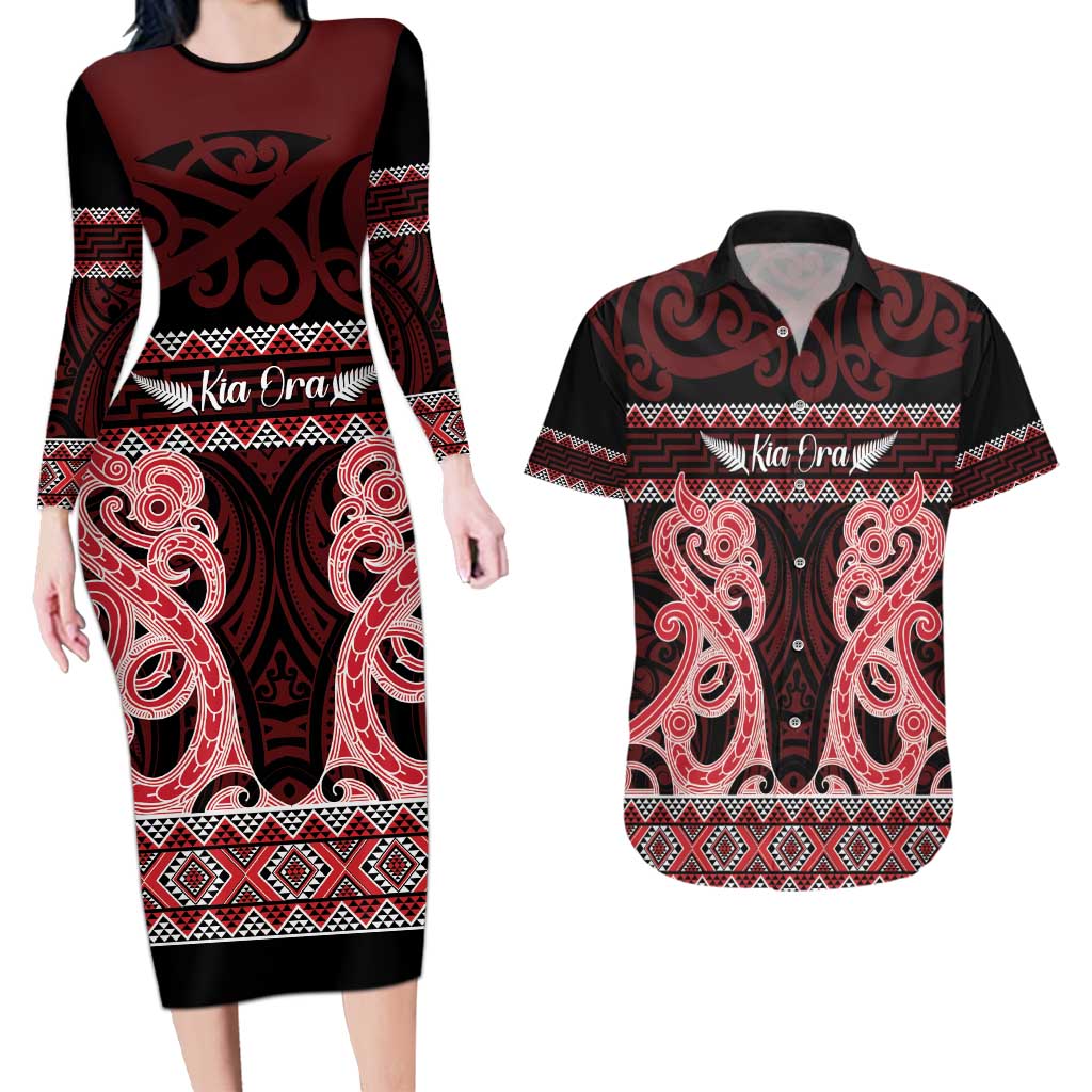 Kia Ora New Zealand Couples Matching Long Sleeve Bodycon Dress and Hawaiian Shirt Maori Language Week Whero Taniko Motif - Polynesian Pride