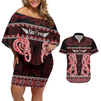 Kia Ora New Zealand Couples Matching Off Shoulder Short Dress and Hawaiian Shirt Maori Language Week Whero Taniko Motif - Polynesian Pride