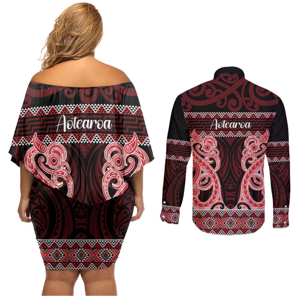 Kia Ora New Zealand Couples Matching Off Shoulder Short Dress and Long Sleeve Button Shirt Maori Language Week Whero Taniko Motif - Polynesian Pride