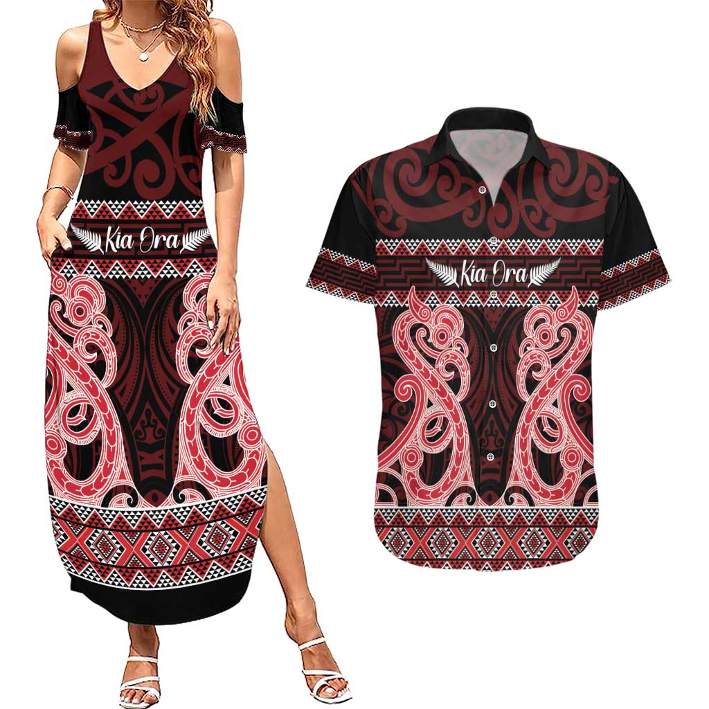 Kia Ora New Zealand Couples Matching Summer Maxi Dress and Hawaiian Shirt Maori Language Week Whero Taniko Motif - Polynesian Pride
