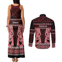 Kia Ora New Zealand Couples Matching Tank Maxi Dress and Long Sleeve Button Shirt Maori Language Week Whero Taniko Motif - Polynesian Pride