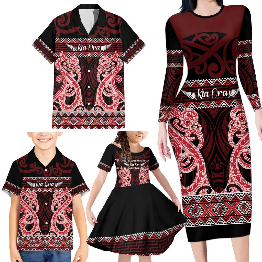Kia Ora New Zealand Family Matching Long Sleeve Bodycon Dress and Hawaiian Shirt Maori Language Week Whero Taniko Motif - Polynesian Pride