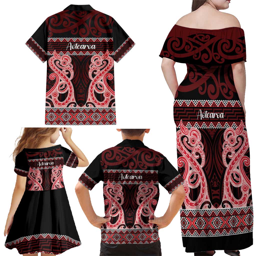 Kia Ora New Zealand Family Matching Off Shoulder Maxi Dress and Hawaiian Shirt Maori Language Week Whero Taniko Motif - Polynesian Pride