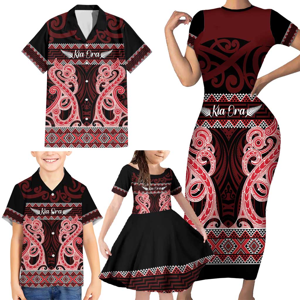 Kia Ora New Zealand Family Matching Short Sleeve Bodycon Dress and Hawaiian Shirt Maori Language Week Whero Taniko Motif - Polynesian Pride