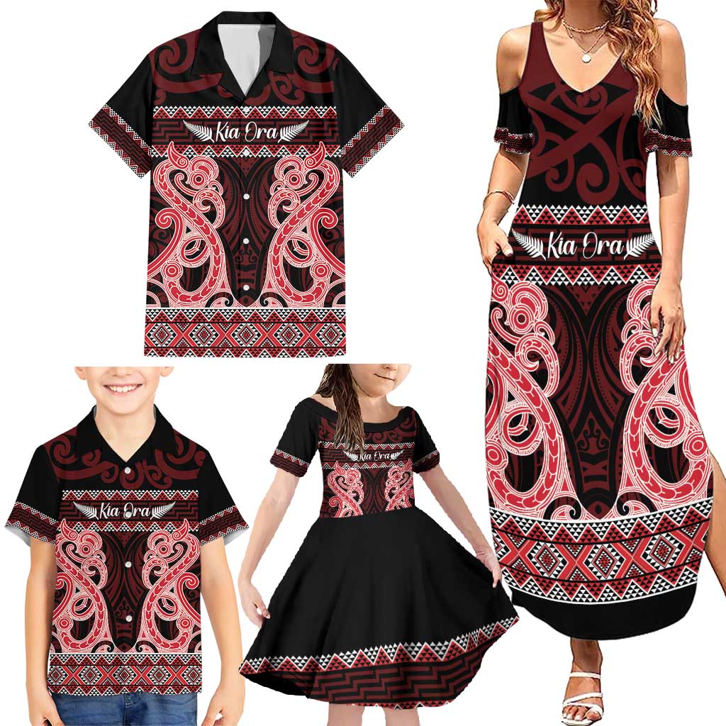 Kia Ora New Zealand Family Matching Summer Maxi Dress and Hawaiian Shirt Maori Language Week Whero Taniko Motif - Polynesian Pride
