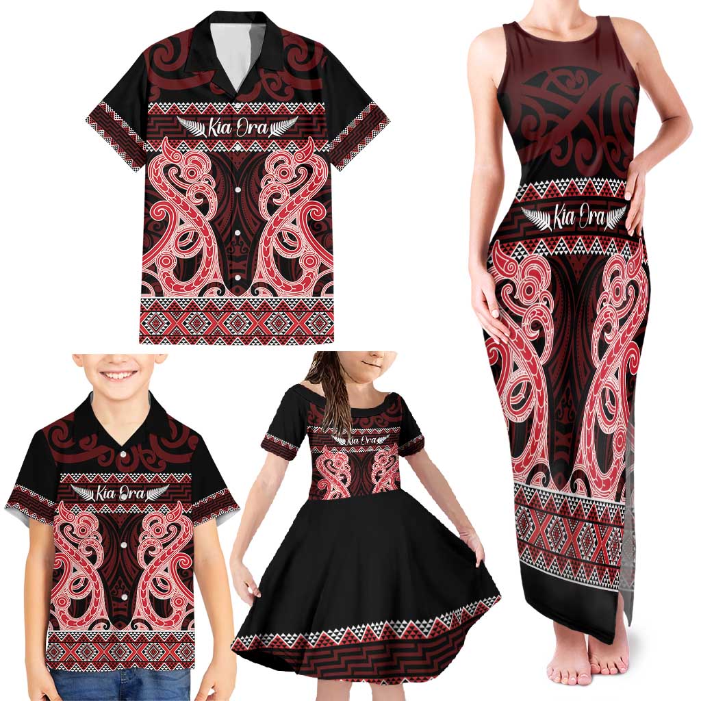 Kia Ora New Zealand Family Matching Tank Maxi Dress and Hawaiian Shirt Maori Language Week Whero Taniko Motif - Polynesian Pride