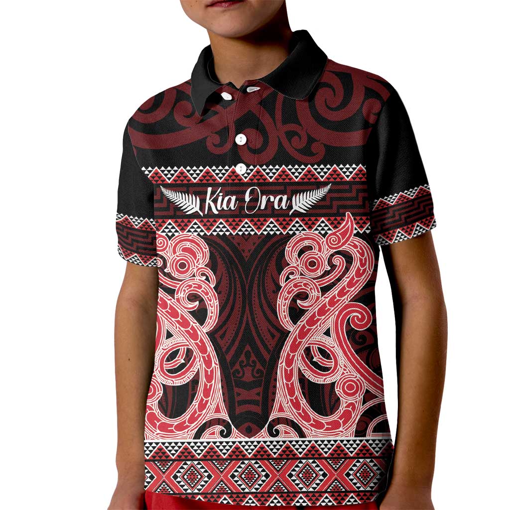 Kia Ora New Zealand Kid Polo Shirt Maori Language Week Whero Taniko Motif - Polynesian Pride