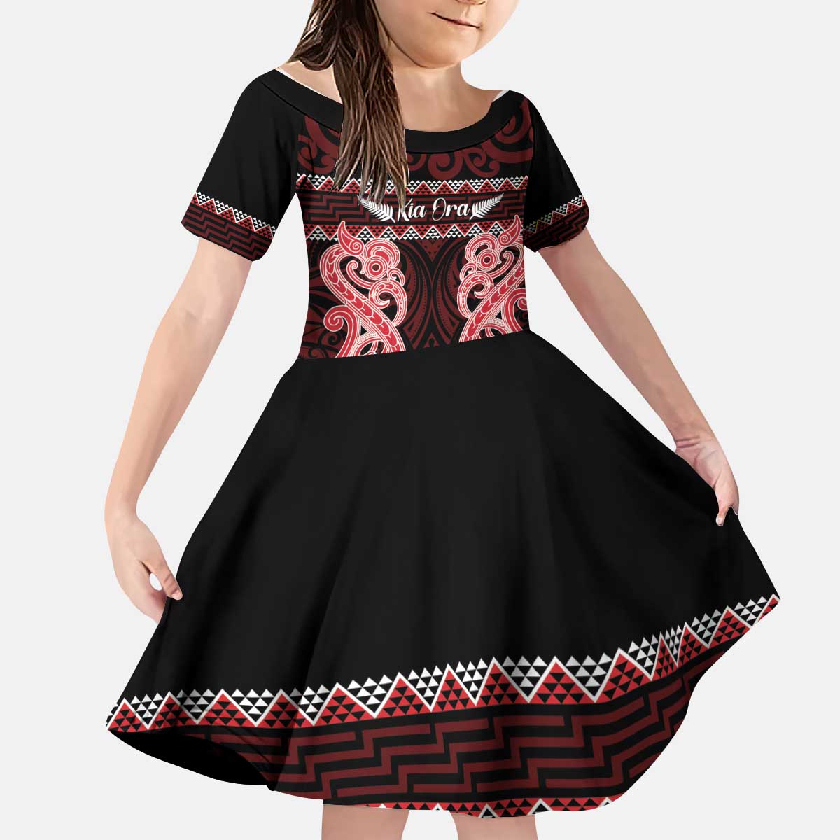 Kia Ora New Zealand Kid Short Sleeve Dress Maori Language Week Whero Taniko Motif - Polynesian Pride