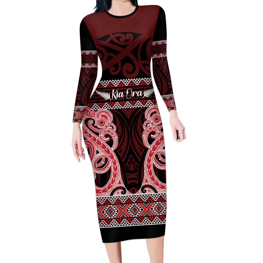 Kia Ora New Zealand Long Sleeve Bodycon Dress Maori Language Week Whero Taniko Motif - Polynesian Pride