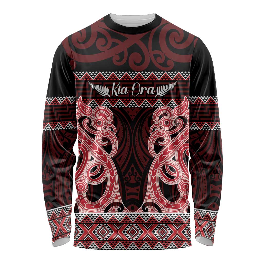 Kia Ora New Zealand Long Sleeve Shirt Maori Language Week Whero Taniko Motif - Polynesian Pride