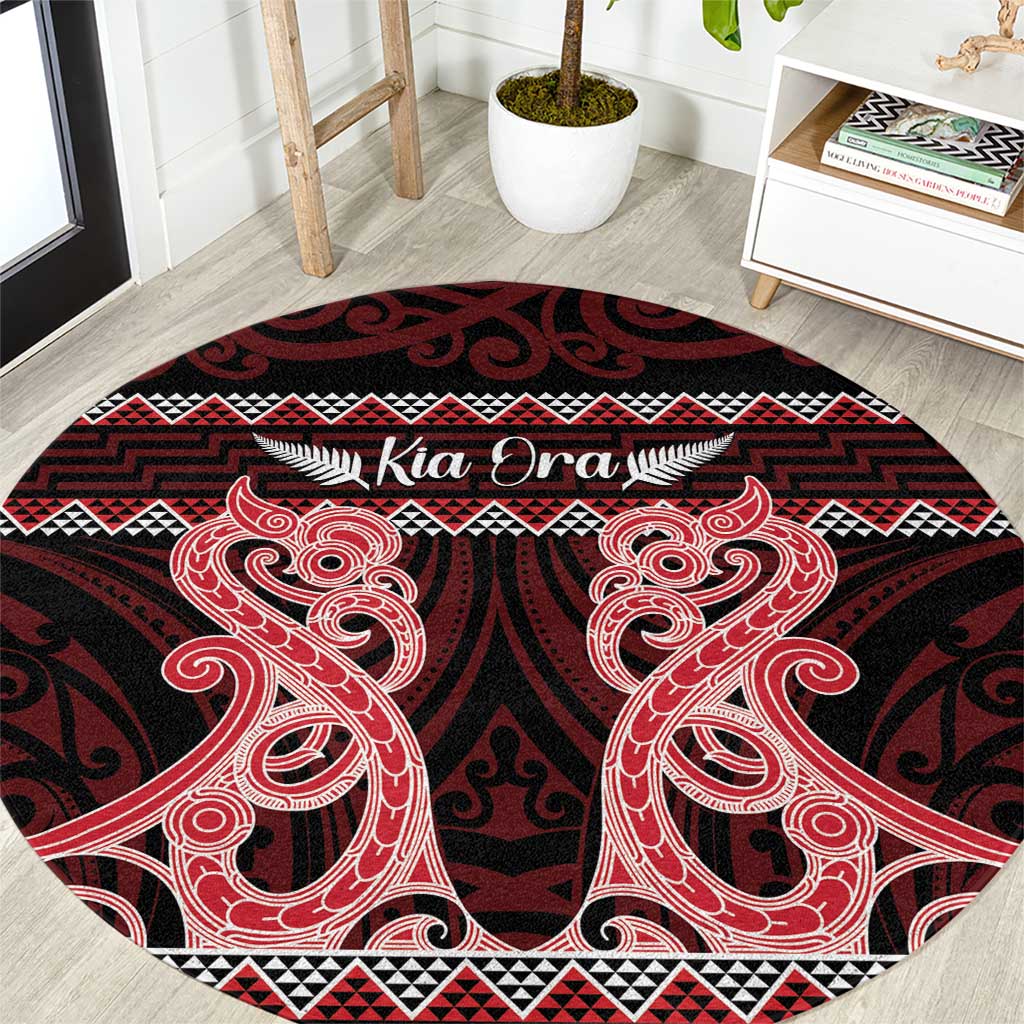 Kia Ora New Zealand Round Carpet Maori Language Week Whero Taniko Motif - Polynesian Pride