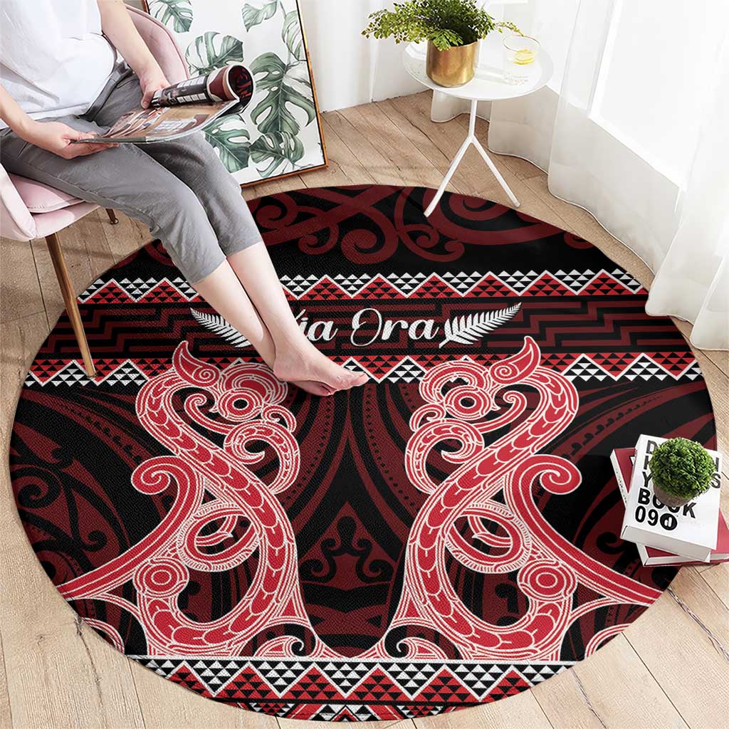 Kia Ora New Zealand Round Carpet Maori Language Week Whero Taniko Motif - Polynesian Pride