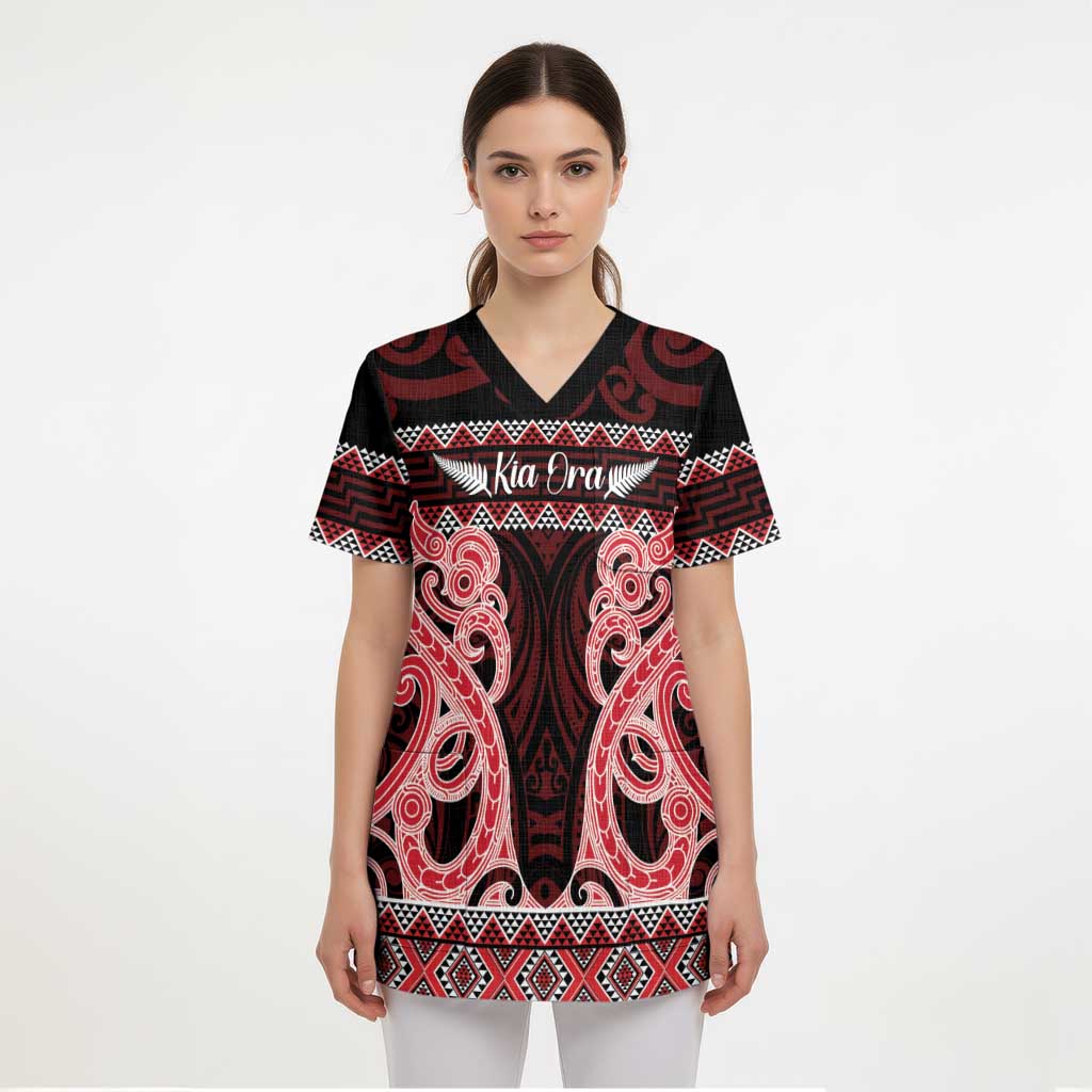 Kia Ora New Zealand Scrub Top Maori Language Week Whero Taniko Motif - Polynesian Pride