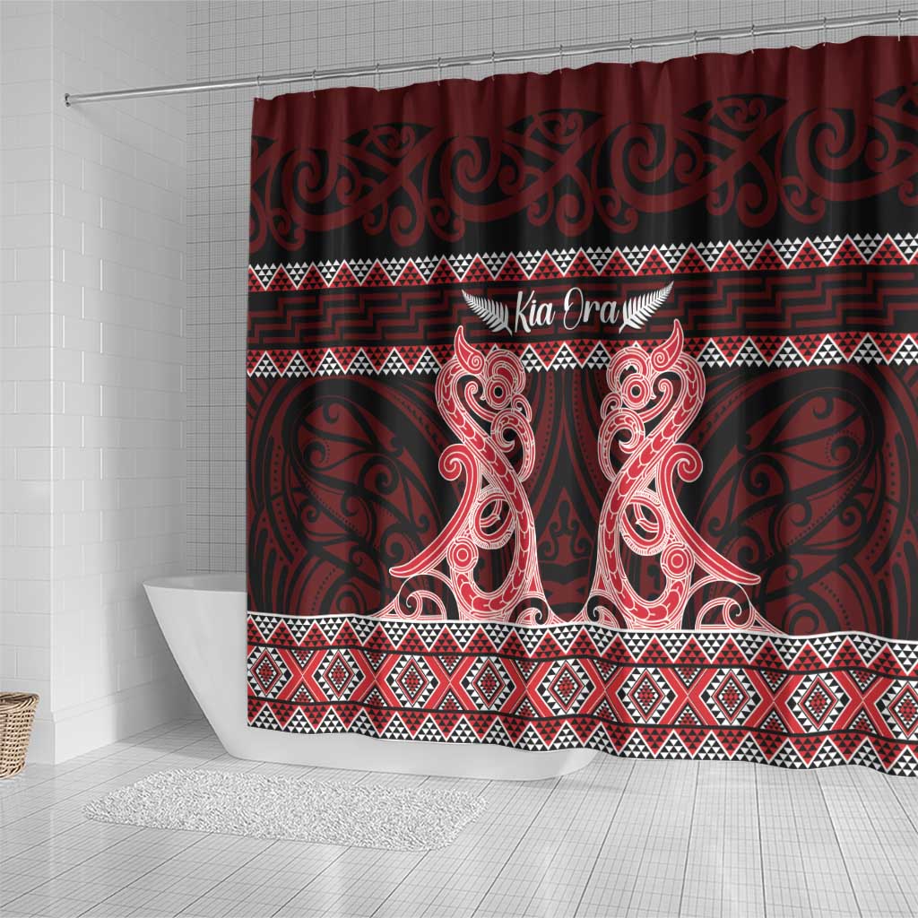 Kia Ora New Zealand Shower Curtain Maori Language Week Whero Taniko Motif - Polynesian Pride