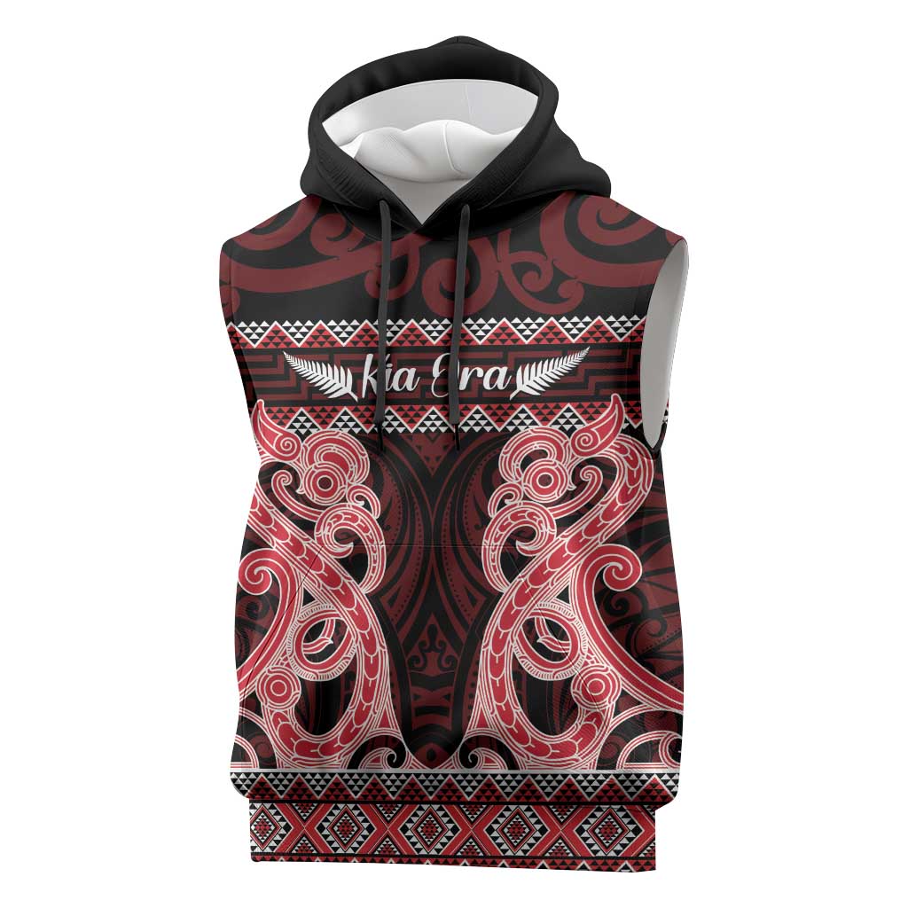 Kia Ora New Zealand Sleeveless Hoodie Maori Language Week Whero Taniko Motif - Polynesian Pride