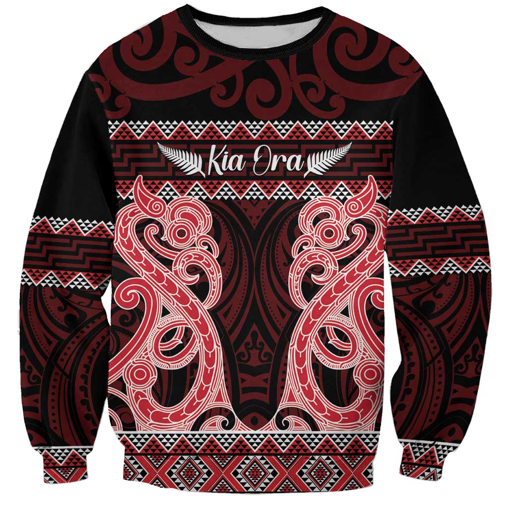 Kia Ora New Zealand Sweatshirt Maori Language Week Whero Taniko Motif - Polynesian Pride