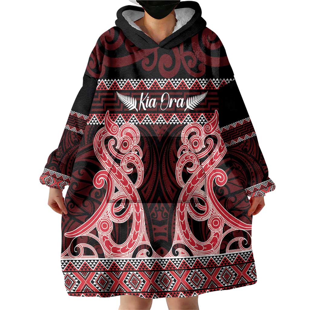 Kia Ora New Zealand Wearable Blanket Hoodie Maori Language Week Whero Taniko Motif - Polynesian Pride