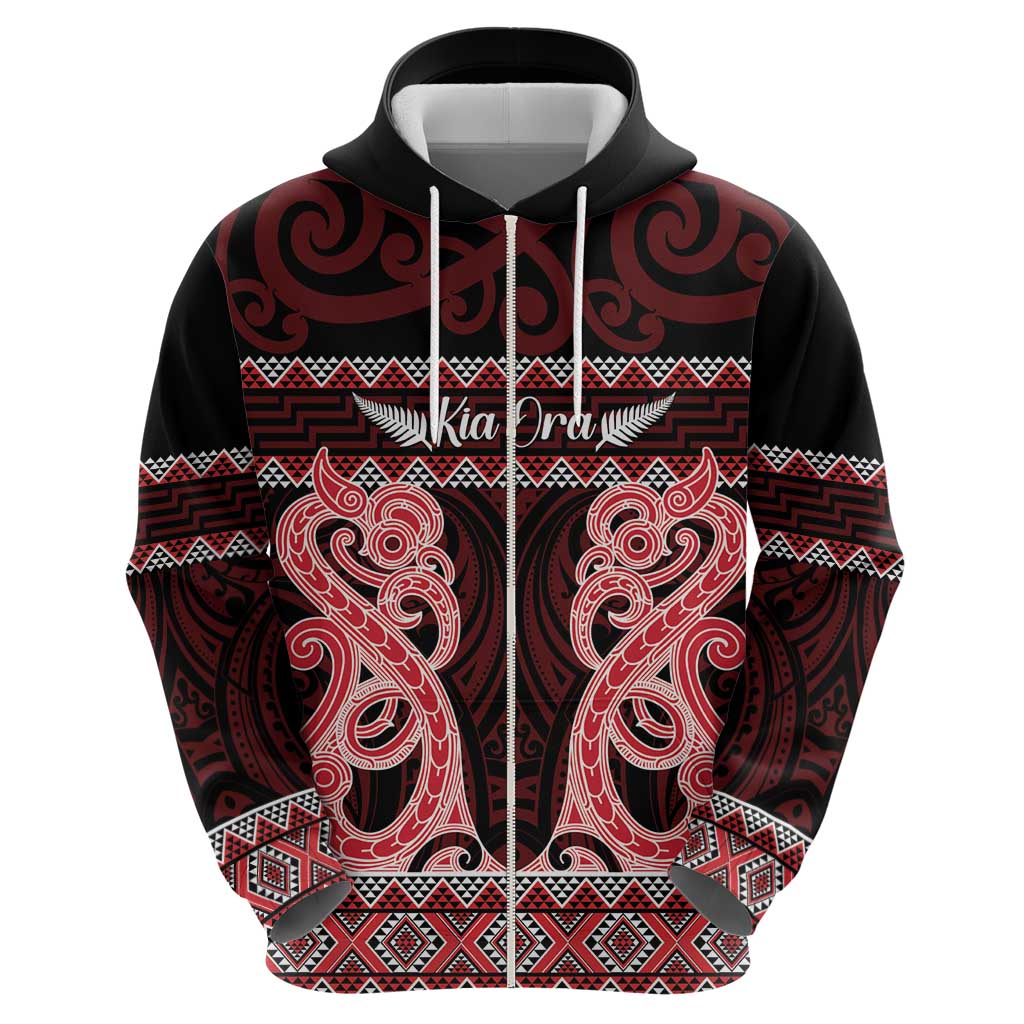 Kia Ora New Zealand Zip Hoodie Maori Language Week Whero Taniko Motif - Polynesian Pride