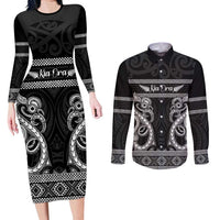 Kia Ora New Zealand Couples Matching Long Sleeve Bodycon Dress and Long Sleeve Button Shirt Maori Language Week Pango Taniko Motif - Polynesian Pride