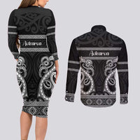 Kia Ora New Zealand Couples Matching Long Sleeve Bodycon Dress and Long Sleeve Button Shirt Maori Language Week Pango Taniko Motif - Polynesian Pride