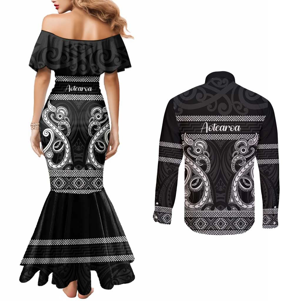 Kia Ora New Zealand Couples Matching Mermaid Dress and Long Sleeve Button Shirt Maori Language Week Pango Taniko Motif - Polynesian Pride