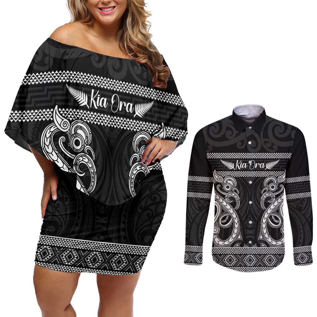 Kia Ora New Zealand Couples Matching Off Shoulder Short Dress and Long Sleeve Button Shirt Maori Language Week Pango Taniko Motif - Polynesian Pride