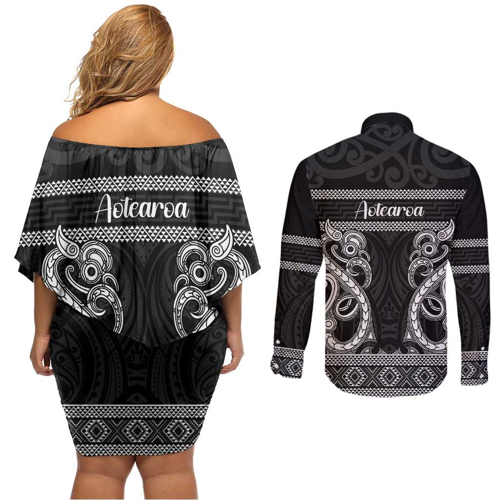 Kia Ora New Zealand Couples Matching Off Shoulder Short Dress and Long Sleeve Button Shirt Maori Language Week Pango Taniko Motif - Polynesian Pride