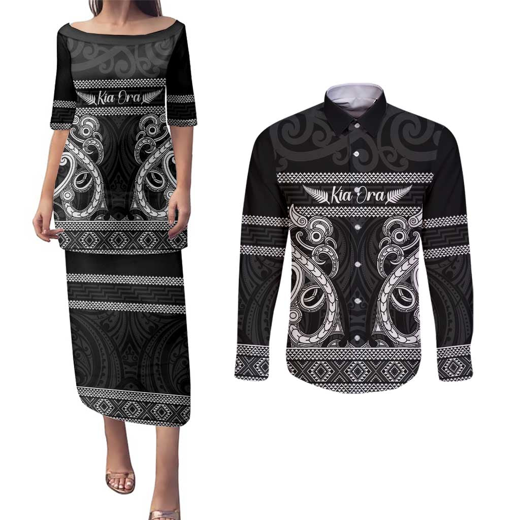 Kia Ora New Zealand Couples Matching Puletasi and Long Sleeve Button Shirt Maori Language Week Pango Taniko Motif - Polynesian Pride
