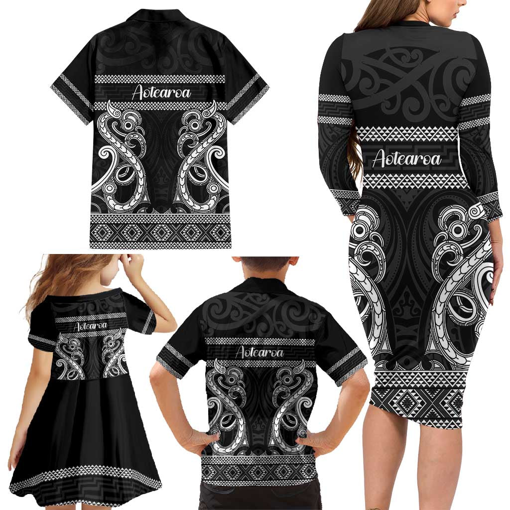 Kia Ora New Zealand Family Matching Long Sleeve Bodycon Dress and Hawaiian Shirt Maori Language Week Pango Taniko Motif - Polynesian Pride