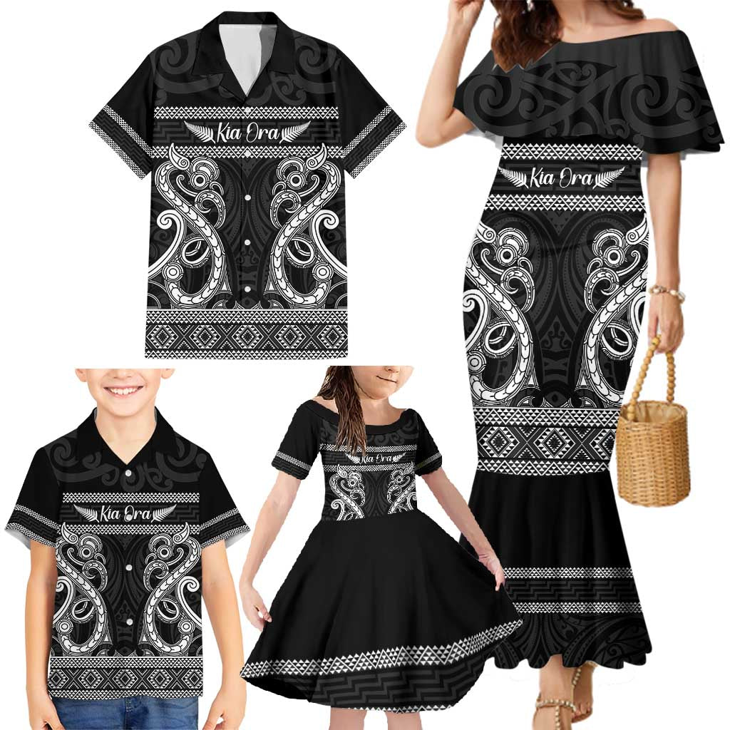 Kia Ora New Zealand Family Matching Mermaid Dress and Hawaiian Shirt Maori Language Week Pango Taniko Motif - Polynesian Pride