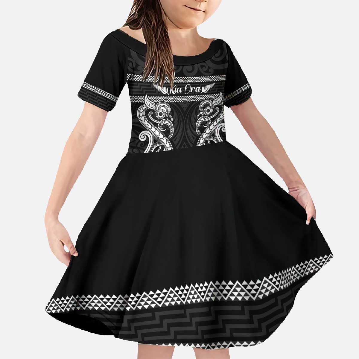 Kia Ora New Zealand Family Matching Off The Shoulder Long Sleeve Dress and Hawaiian Shirt Maori Language Week Pango Taniko Motif - Polynesian Pride