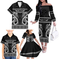 Kia Ora New Zealand Family Matching Off The Shoulder Long Sleeve Dress and Hawaiian Shirt Maori Language Week Pango Taniko Motif - Polynesian Pride