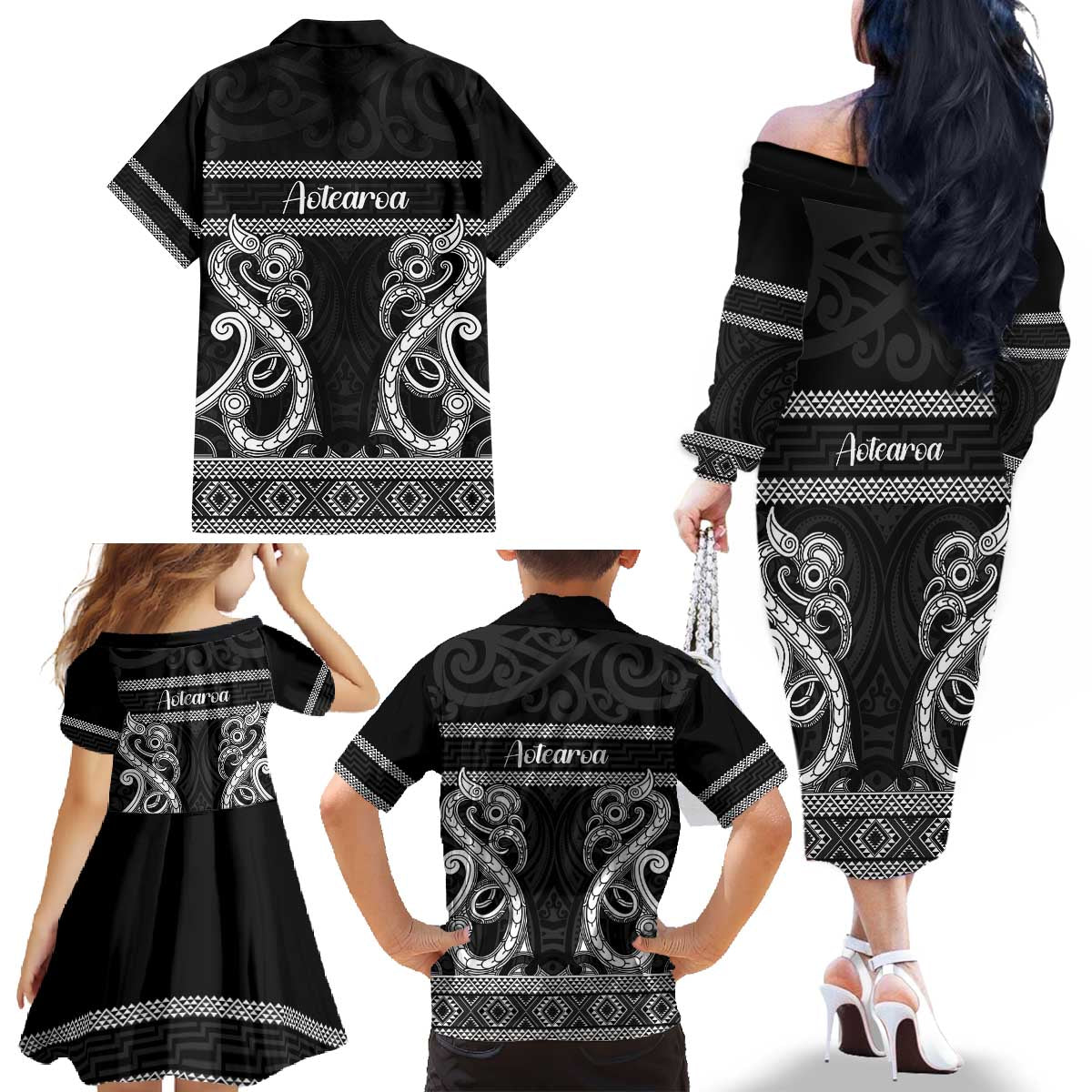 Kia Ora New Zealand Family Matching Off The Shoulder Long Sleeve Dress and Hawaiian Shirt Maori Language Week Pango Taniko Motif - Polynesian Pride