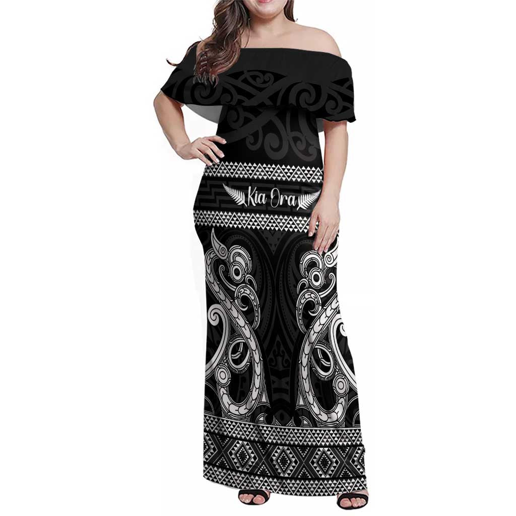 Kia Ora New Zealand Family Matching Off Shoulder Maxi Dress and Hawaiian Shirt Maori Language Week Pango Taniko Motif - Polynesian Pride