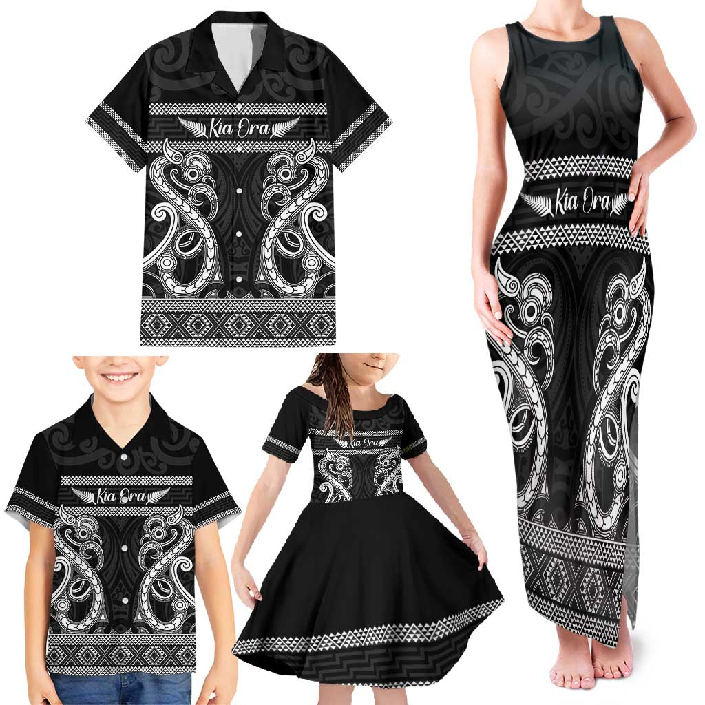 Kia Ora New Zealand Family Matching Tank Maxi Dress and Hawaiian Shirt Maori Language Week Pango Taniko Motif - Polynesian Pride
