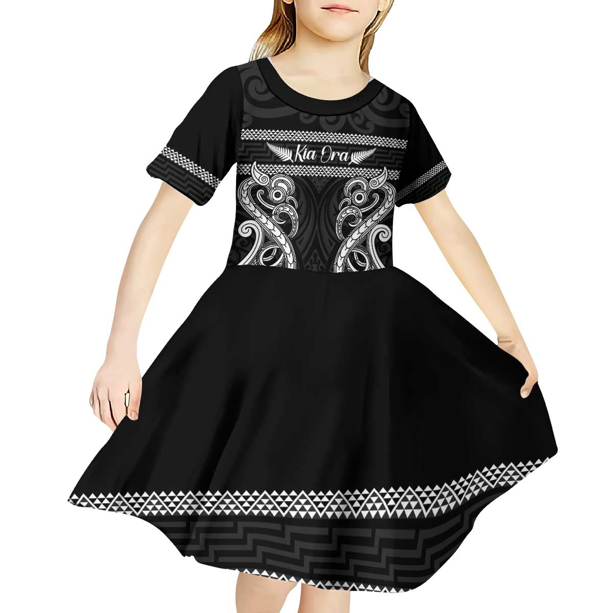 Kia Ora New Zealand Kid Short Sleeve Dress Maori Language Week Pango Taniko Motif - Polynesian Pride