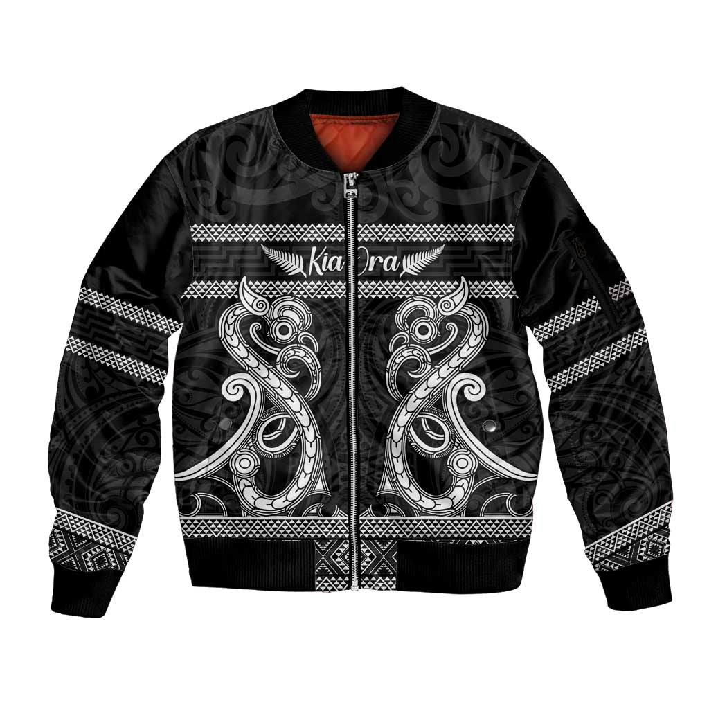 Kia Ora New Zealand Sleeve Zip Bomber Jacket Maori Language Week Pango Taniko Motif - Polynesian Pride