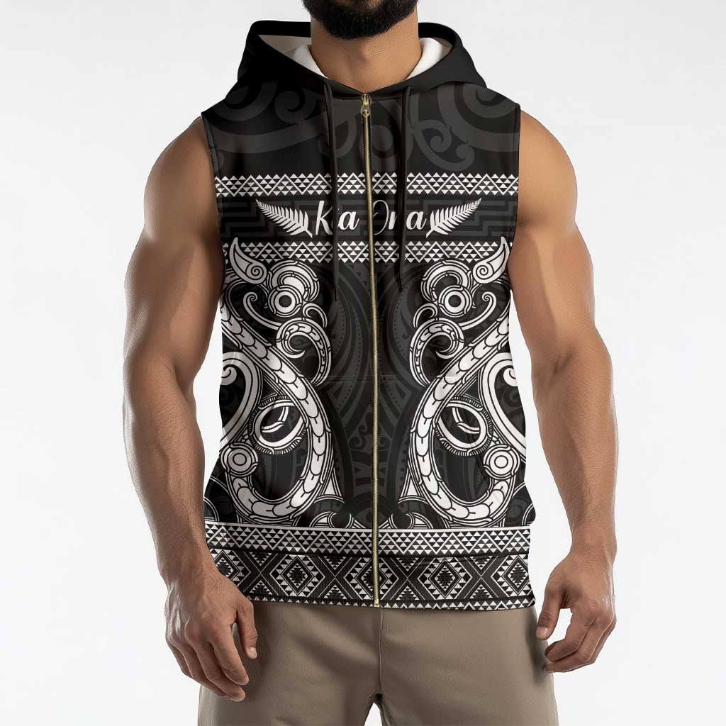 Kia Ora New Zealand Sleeveless Zip Hoodie Maori Language Week Pango Taniko Motif - Polynesian Pride